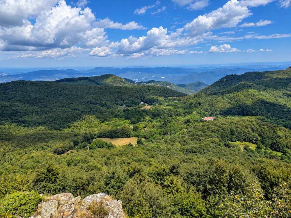 Valle cubierto de bosque bajo un cielo azul con nubes, con montañas al fondo, en Catalunya